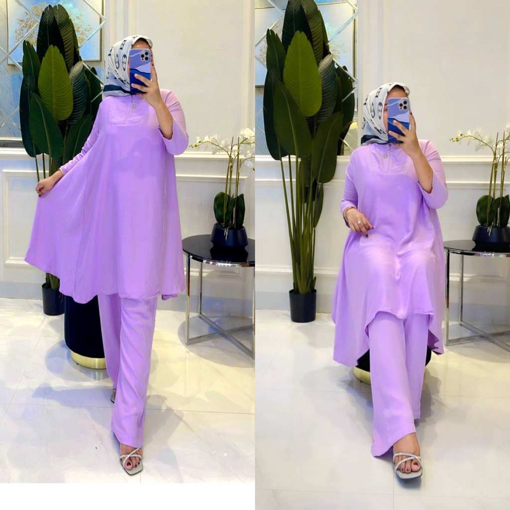 Monalisa One Set Tunik Twill Ori Setelan Wanita Lengan Panjang Fashion Muslim Kekinian LD 110 cm