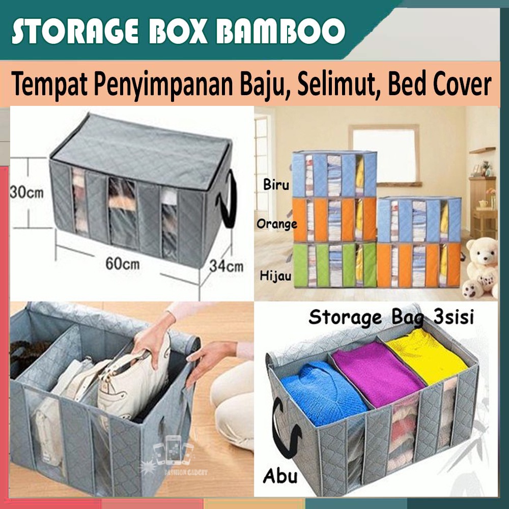 BAMBOO STORAGE BOX 65 liters Bamboo Box 1 &amp; 3 Sekat Organizer Pakaian Selimut Bed Cover Sprei Baju Tas Penyimpanan Keranjang Pakaian