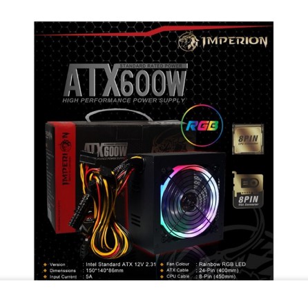 PSU GAMING 600W LED RGB RAINBOW IMPERION 600 Watt POWER SUPPLY UNIT 8