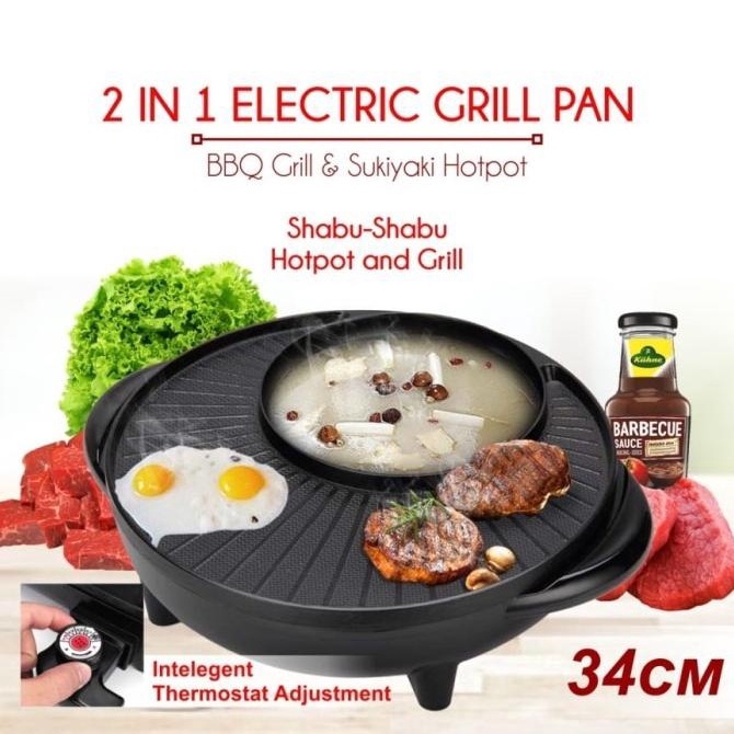 Panci Hot Pot Bbq 2 In 1 Electric Grill Pan Steampot Suki Gril Listrik
