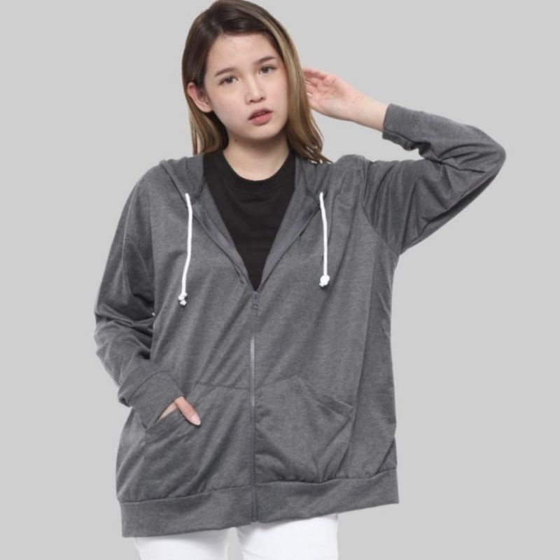 Jaket Hoodie Polos Resleting Dark Grey Abu Tua Zipper Wanita &amp; Pria Distro Oversize Carl