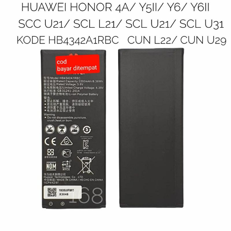 Baterai Batere Honor 4A Y5ii Y6 Y6ii SCL L21 U21 U31 CUN L22 U29 SCC U21 HB4342A1RBC Batre Original