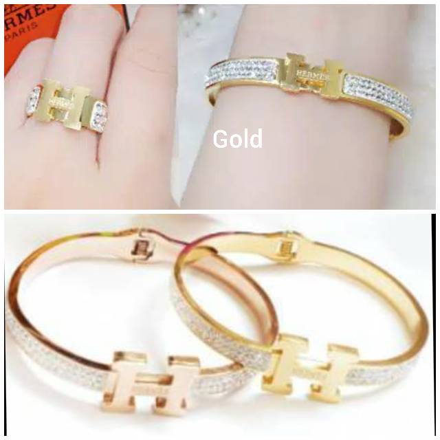 Gelang set+Cincin(JJ-288)titanium asli anti karat&amp;alergi rose gold uk6Cm permata