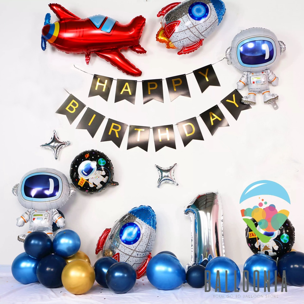Set Foil Balloon Happy Birthday Rocket Banner | Balon Dekorasi Ultah Ulang Tahun Astronot