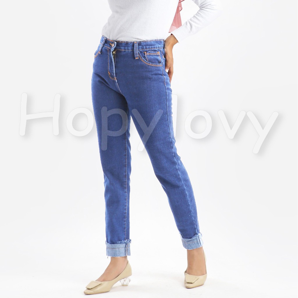 HOPYLOVY - Celana Boyfriend Jeans Wanita Model Rolled Up Rosetta