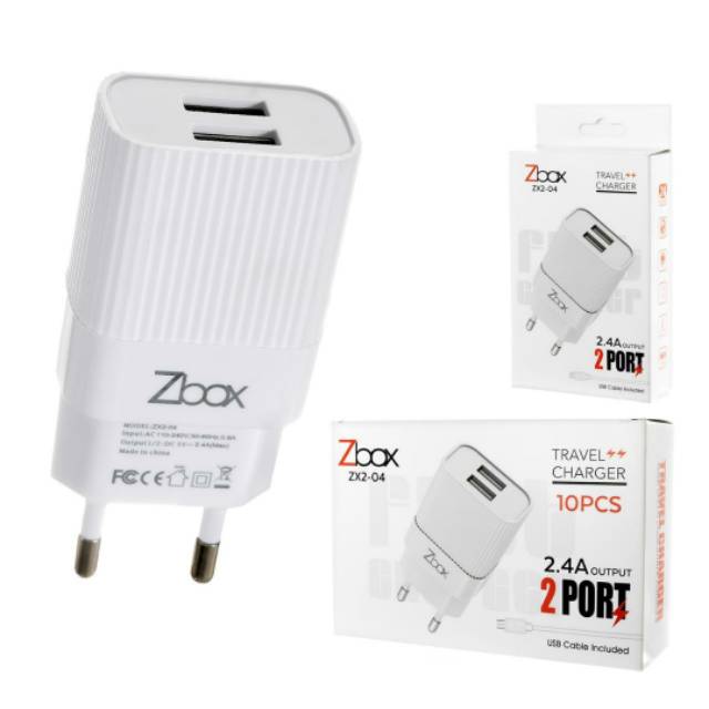 (1box isi 10 pcs) New Charger Zbox ZX2-04 2usb/2.4A Include Cable Micro V8 Packing Box (1box isi 10pcs) Real Mah 2.4A GARANSI