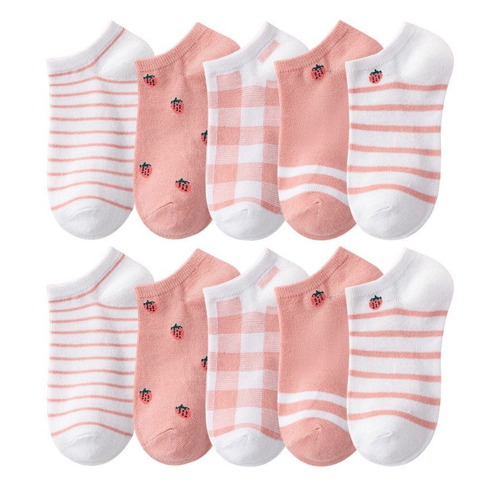 ❤GTB❤ Kaos Kaki Wanita Motif Kotak Pink Strawberry Fashion Korea Women Sock Import R601