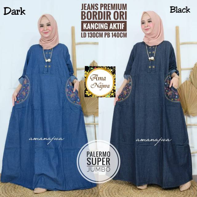 Gamis jeans jumbo ld 130 bordir ori saku umbrella