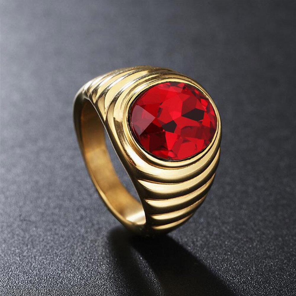 18rb Emas Rubi Baja Titanium Pria wanita merah hitam Batu permata Kristal Perhiasan Fashion Pasangan Cincin Rings