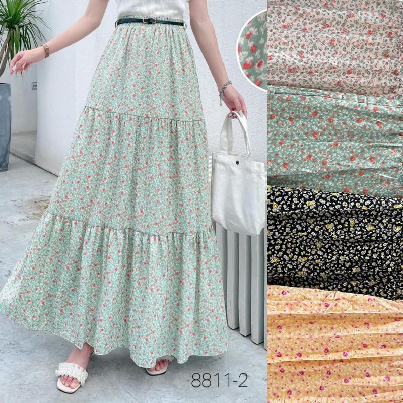 [Bisa COD] Classic Retro Flower Pleated Skirt Import Premium + Belt