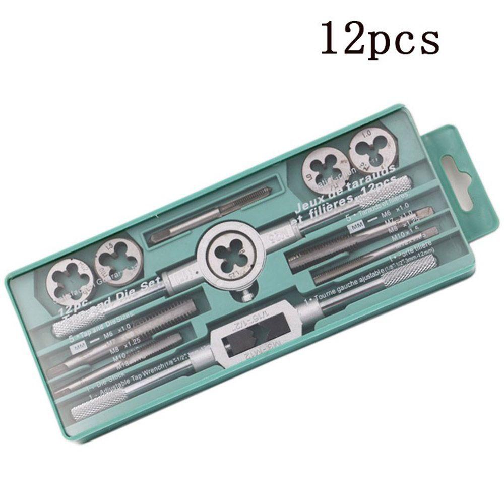 Populer 12pcs Tap Dies Set Die Stock Adjustable Die Wrench Sekrup Taps Bearing Steel Hand Tools Drat Colokan Keran