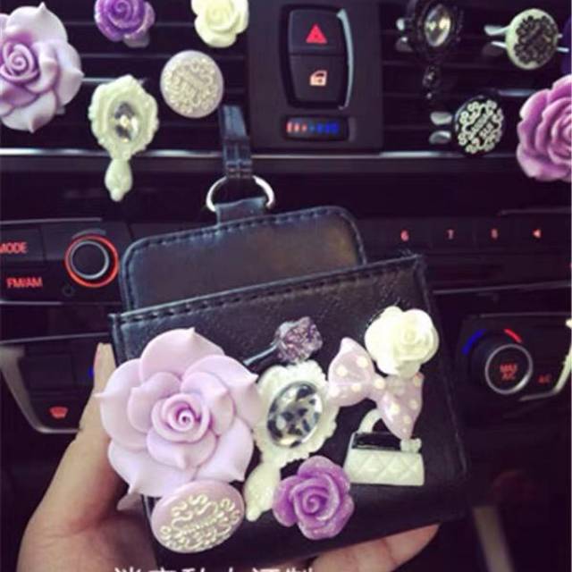 Barang mobil accmobil tempat hp handphone holder anna sui set DAD Flower Bunga POUCH Kulit Tempat Koin Kunci HP Karcis Kertas Parkir Gantung Lubang AC Premium