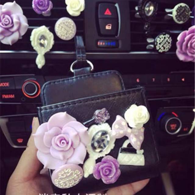 Barang mobil accmobil tempat hp handphone holder anna sui set DAD Flower Bunga POUCH Kulit Tempat Koin Kunci HP Karcis Kertas Parkir Gantung Lubang AC Premium