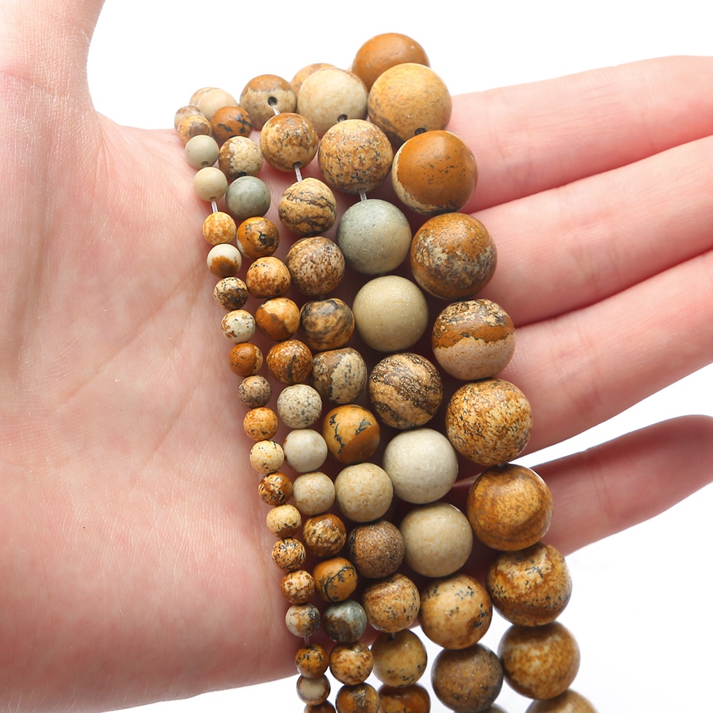 32-89 pcs Natural Brown Gambar Jasper Stone Beads, Diameter 4/6/8/10/12mm, Diameter lubang sekitar 1mm, untuk Membuat Perhiasan DIY