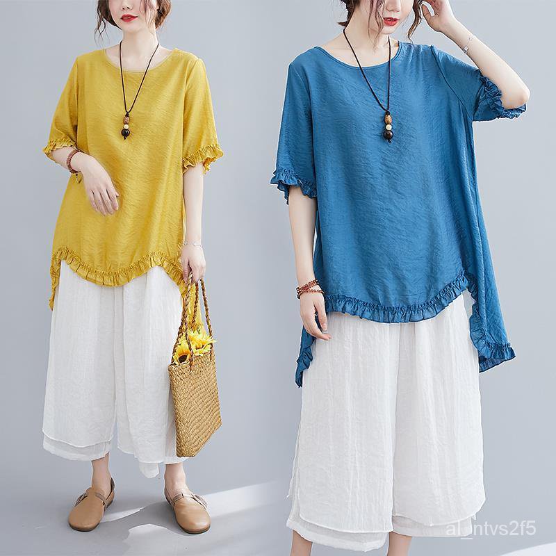 Musim Panas Wanita Katun Linen Lengan Pendek Blus Celana Putih Set Pakaian tpgd