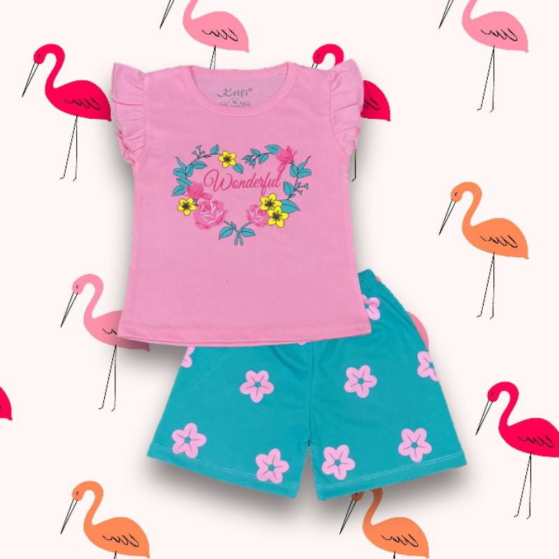 SETELAN ANAK PEREMPUAN STELAN ANAK PEREMPUAN SETELAN BAJU PEREMPUAN SETELAN ANAK CEWEK RUFLE KELFI-Set rufle pink