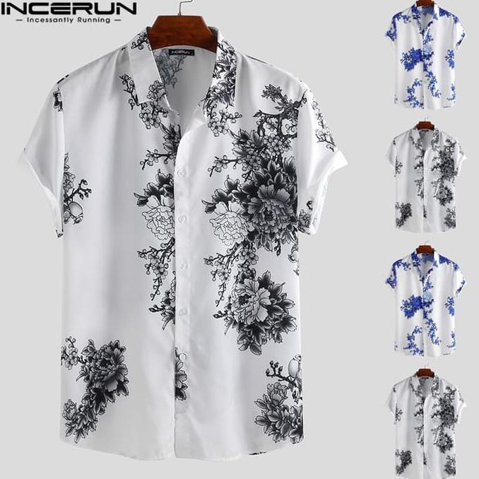 Ready Stok kemeja pria,,, INCERUN Kemeja Lengan Pendek Slim Fit Casual Motif Bunga untuk Pria ON