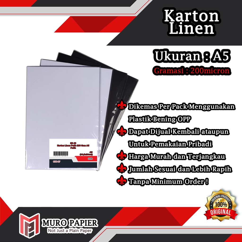 

( PER PAK - ISI 40 ) Karton Linen 200 gsm A5 - by Muro Papier