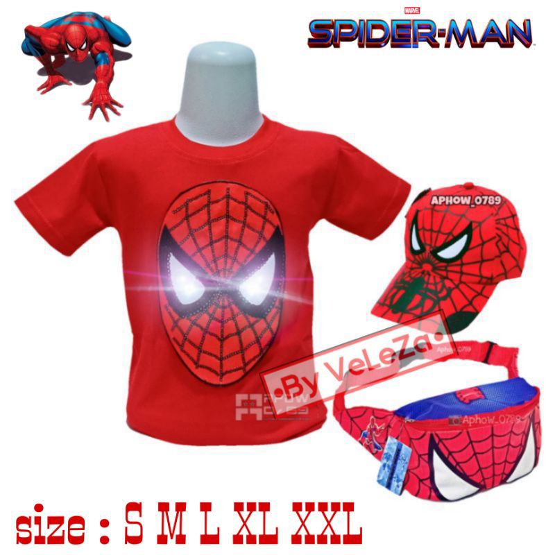 Baju anak Led spiderman gratis waistbag topi - baju anak