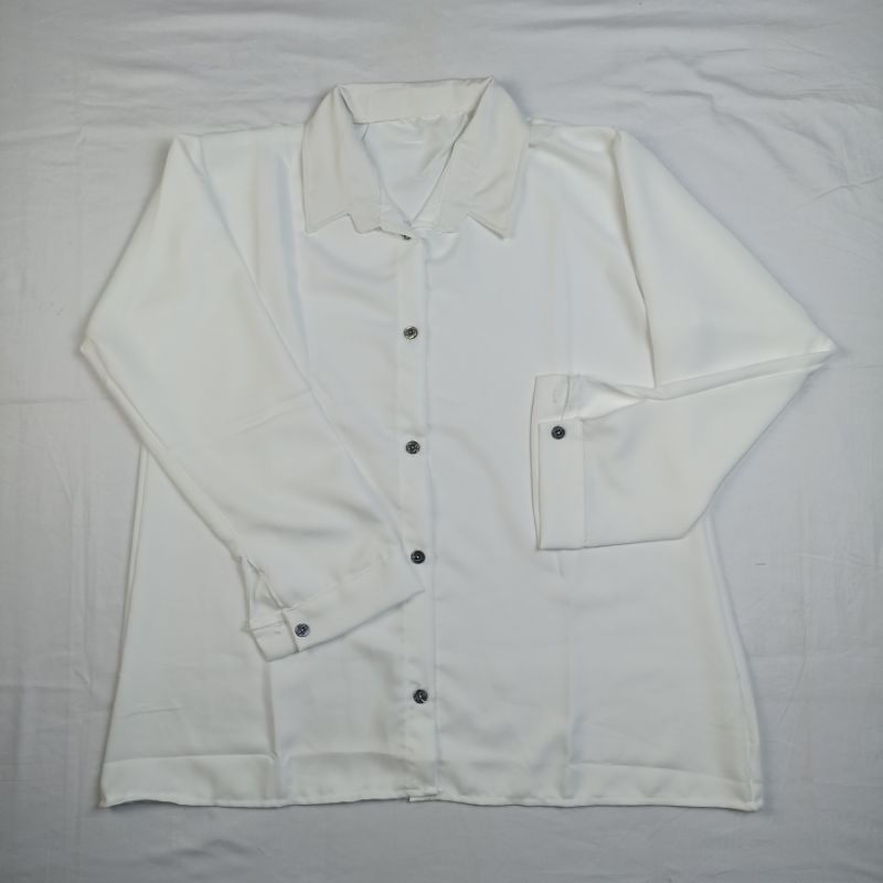 Kemeja Wanita Basic Polos Putih Hitam Atasan Blouse Casual Lengan Panjang Hem Kerja Kantor Formal Bahan Moscrepe-Putih