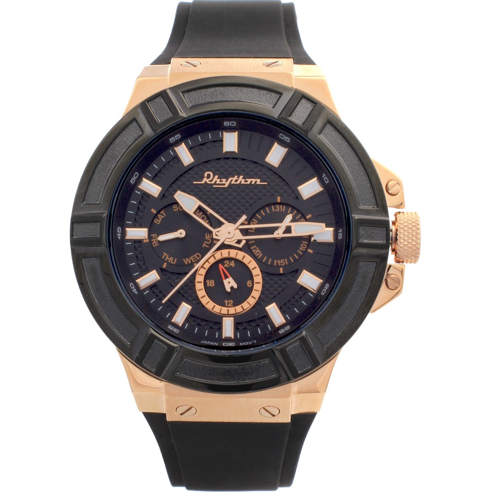 JAM TANGAN PRIA RHYTHM SI1605 R05 SI1605R05 ANALOG ROSEGOLD BLACK RUBBER STRAP