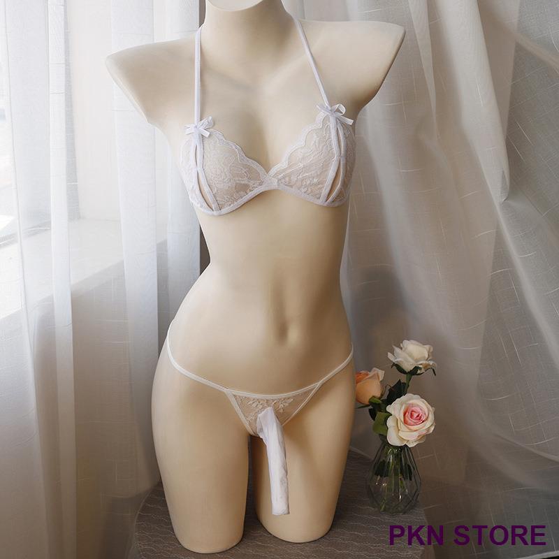 Ukuran besar 2 kati bikini renda ultra-tipis set lengkap bra pakaian dalam pria set transparan