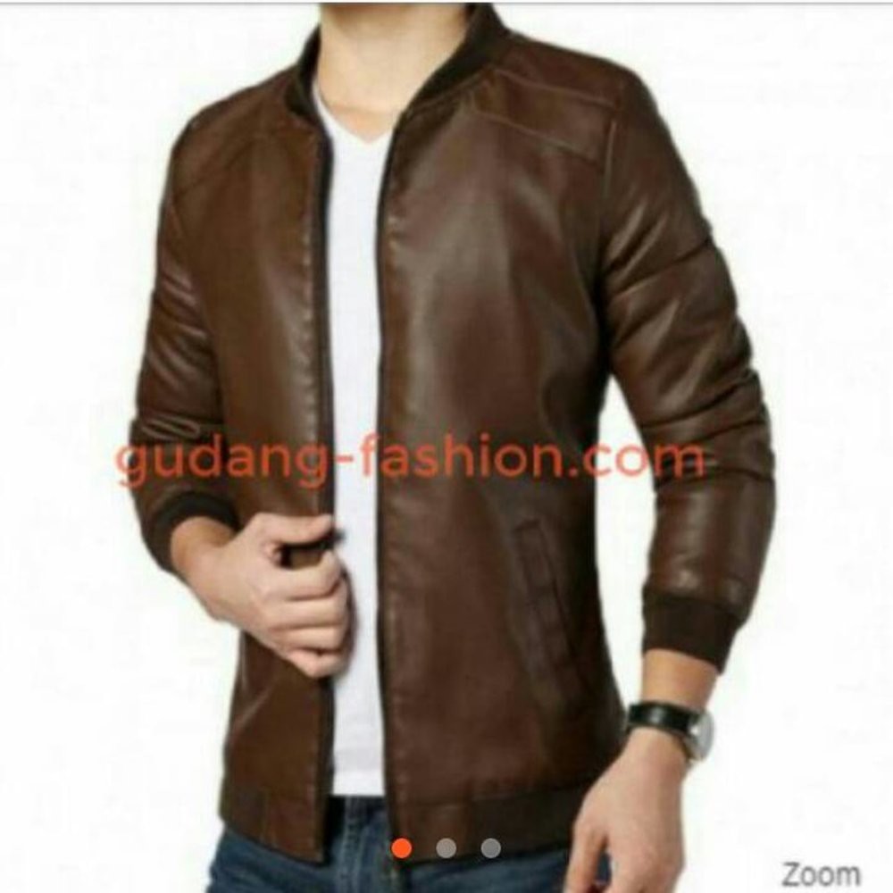 EXCLUSIVE  Jaket Kulit Sintetis Pria Rib Kerah Semi Jas Coklat Muda  TERBARU