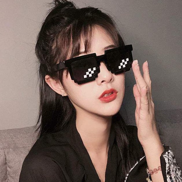 Molvin - Kacamata Pixel Kotak Thug Life Double Mosaic Sunglasses Kaca Mata Hitam Wanita Pria Unisex 
