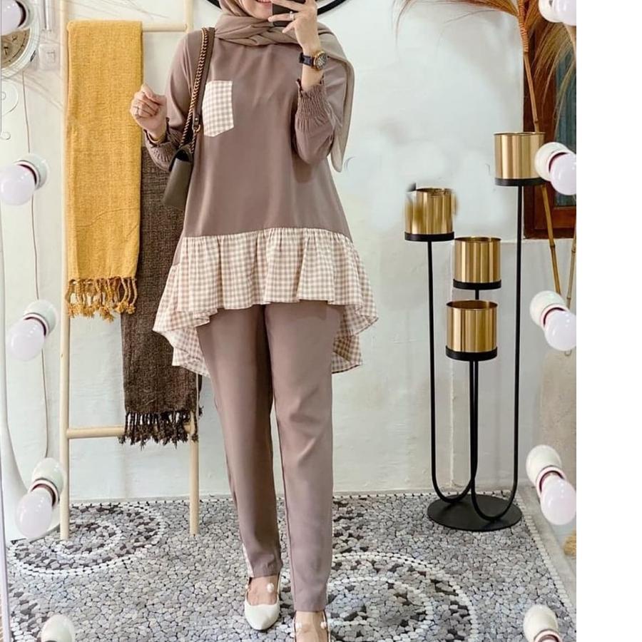☊ Baju Setelan Wanita Kekinian Setcel Terbaru Set Tunik dan Celana Kiyomi Katun Kotak Kotak Murah ➾