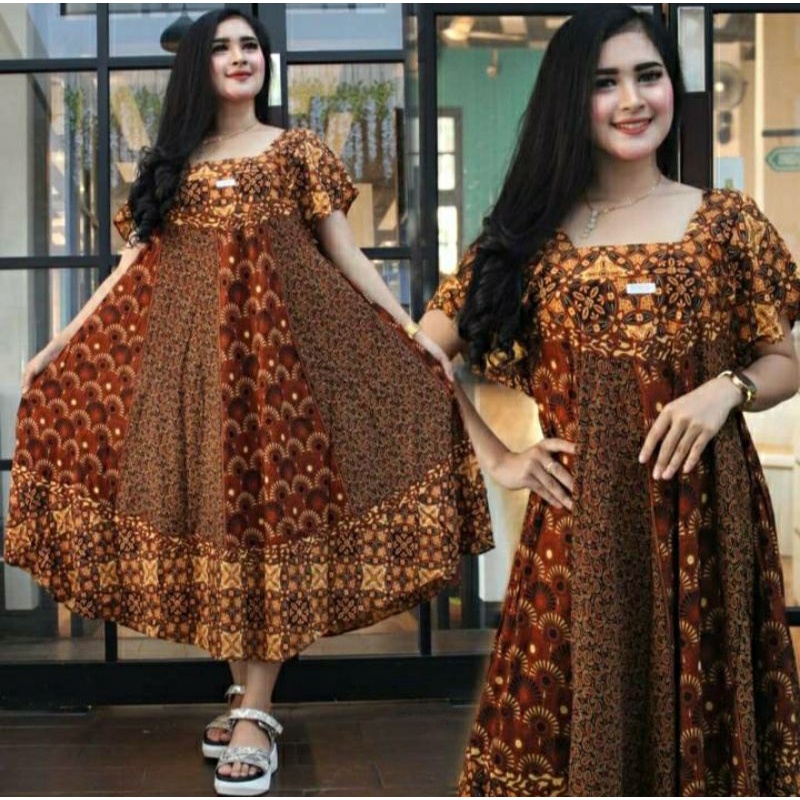 Daster payung daster serut motif batik monokrom bahan rayon premium daster kekinian dress wanita piyama dan baju tidur warna latte