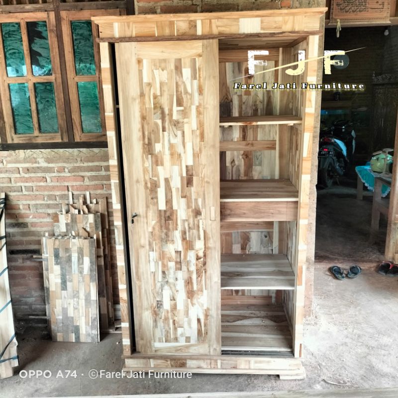 Lemari Pakaian 2 Pintu Sliding Minimalis Kayu Jati Unik Kreatif Model Puzzle Mentah Non Finishing
