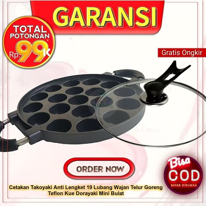 Cetakan Takoyaki Anti Lengket 19 Lubang Wajan Telur Goreng Teflon Kue Dorayaki Mini Bulat