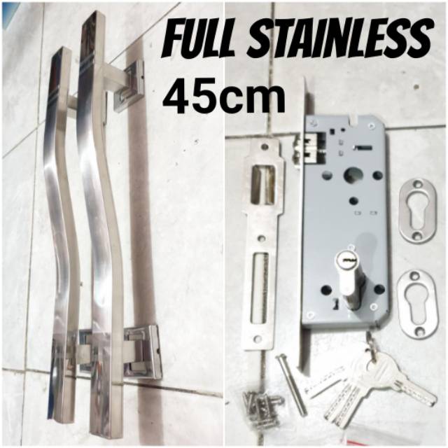 Paket handle pintu stainless 45cm maroon/ coklat/ full stainless 1set + body pelor