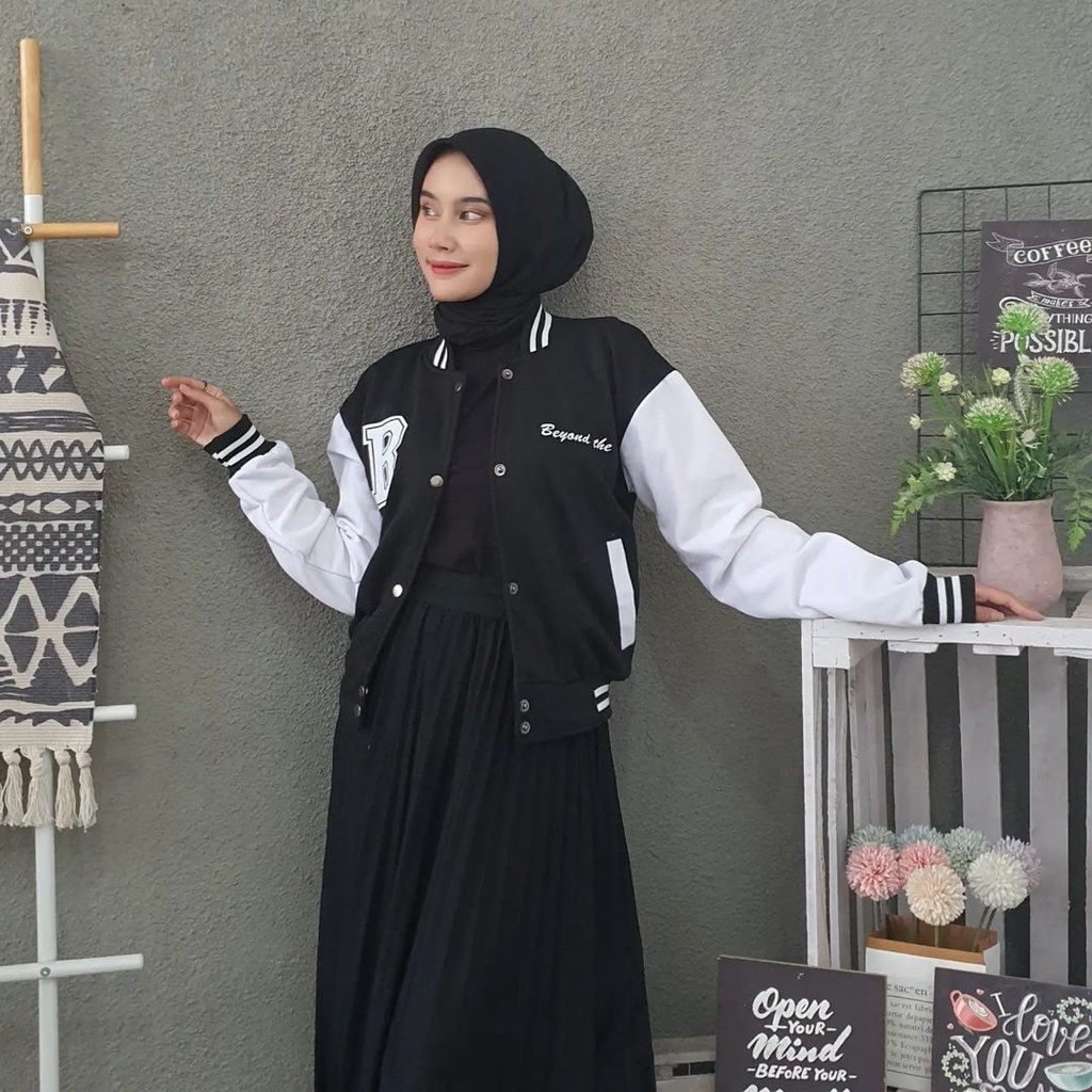 B BEYOND BE Jacket Varcity Baseball Oversize Pria Wanita-Jacket Kekinian OOTD Casual Bahan Fleece Korean Style