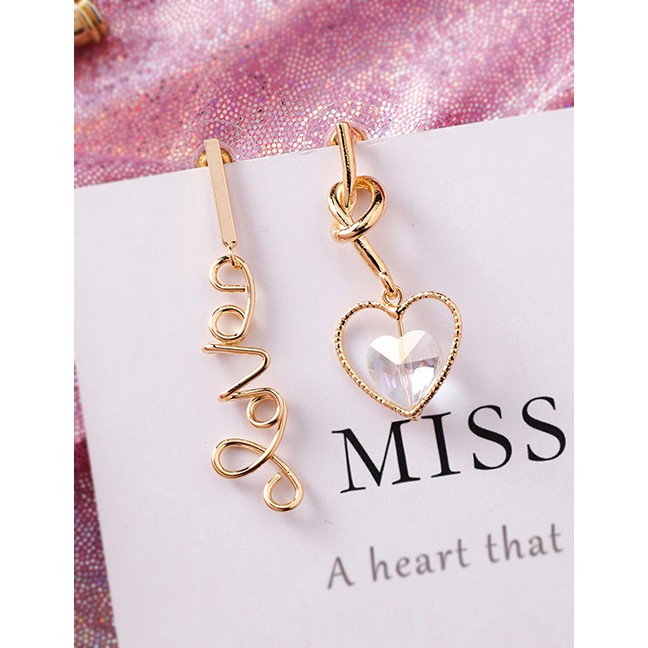 LRC Anting Tusuk Fashion Gold S925 Silver Pin Love Crystal Love Asymmetric Earrings F68141