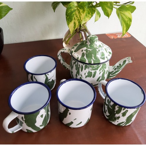 TEKO CERET CEBOL SET MUG CANGKIR ENAMEL SENG KALENG BLIRIK BLURIK LURIK BURIK LOREK LORENG HIJAU