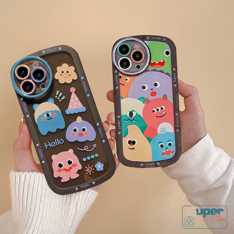 IPHONE Kartun Monster Kecil Bulat Pelindung Lensa Shockproof Phone Case Kompatibel Untuk Iphone7 8 6 6s Plus 14 11 13 12 Pro MAX XR XS MAX X SE 2020grafiti Lucu Lembut TPU Penutup Belakang