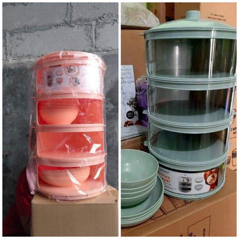 Tudung Saji viral modern kekinian Technoplast Dishes Keeper Set 4 Susun warna tosca dan salmon