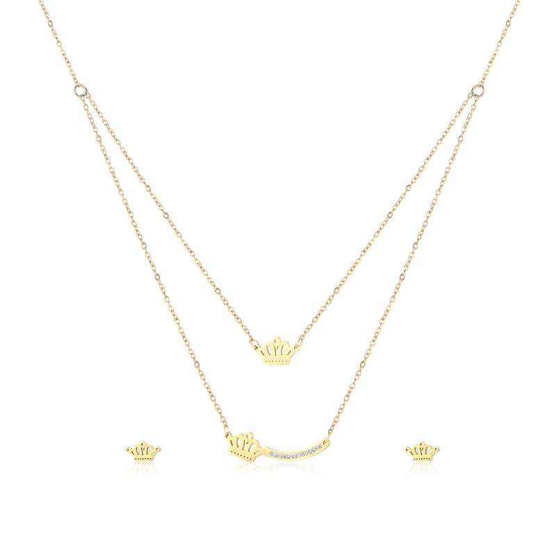 Stainless steel crown double-layer kalung wanita modis sederhana berlian set Anting Kalung liontin o