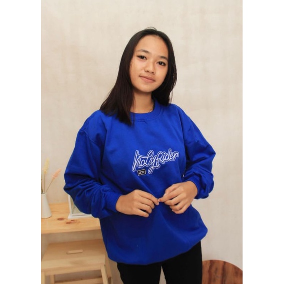 CREWNECK SWEATER DISTRO HOLYRIDER BIRU KEREN MURAH (BISA COD)