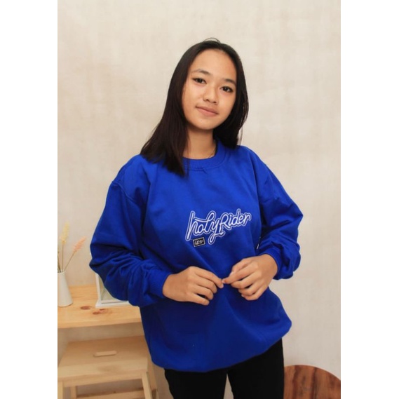 CREWNECK SWEATER DISTRO HOLYRIDER BIRU KEREN MURAH (BISA COD)