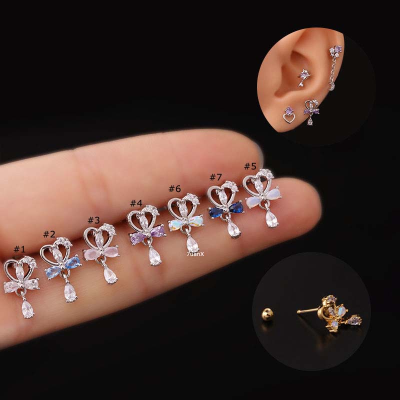 1 Pc Anting Stud Tindik Tulang Rawan Bentuk Hati Pita Helix Pinna 20Gauge Bahan Stainless Steel Dengan Zircon