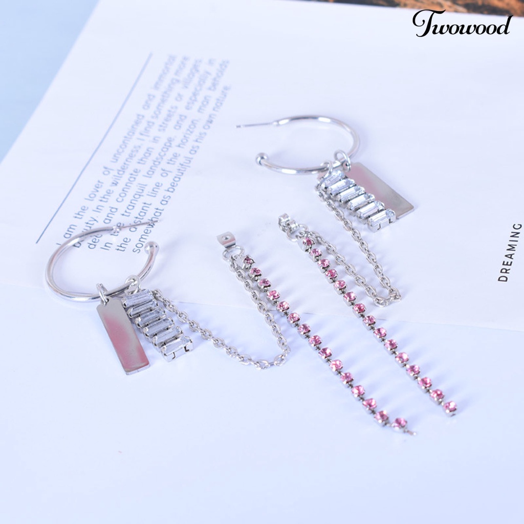 1 Pasang Anting Rantai Rumbai Bentuk C Aksen Berlian Imitasi Warna Pink Untuk Wanita