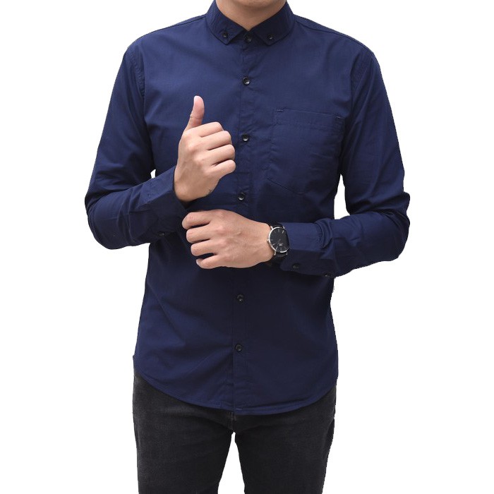 Kemeja Formal Pria Polos Lengan Panjang Bahan Katun - Biru Dongker