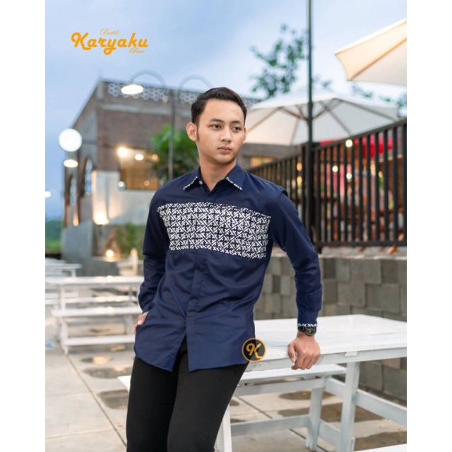Baju Batik Couple Modern Batik Set Baju Couple Pasangan Gamis Brukat Couple Pasangan Batik Couple Batik Modern Couple Batik Katun Original Asli KARYAKU 2-KEMEJA AJA NAVY