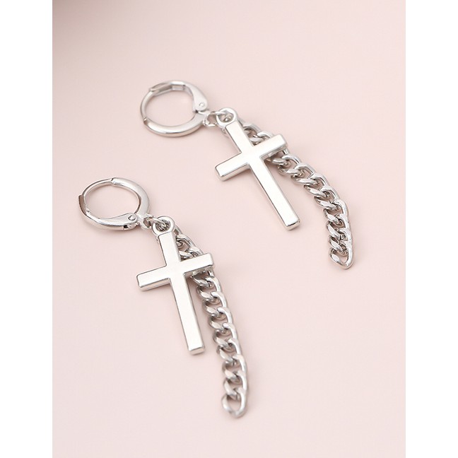 LRC Anting Tusuk Fashion Golden Geometric Cross Tassel Chain Stitching Earrings K48359