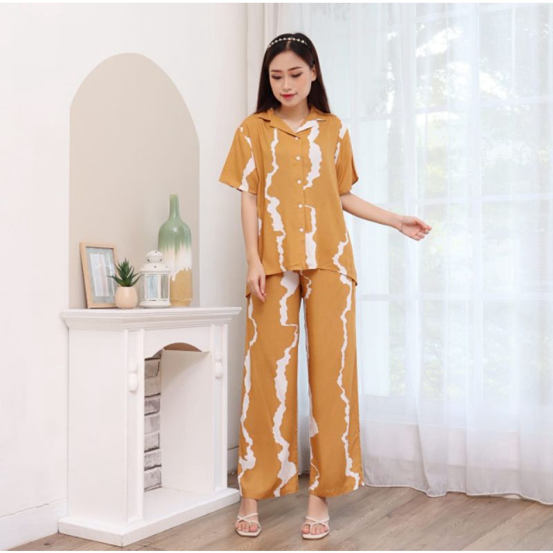 Piyama rayon AMRO Lengan Pendek Celana Panjang Kulot Luna