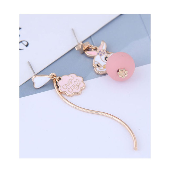 LRC Anting Tusuk Fashion Pink Rose Asymmetric Earrings With Rabbit Oil Beads D60201