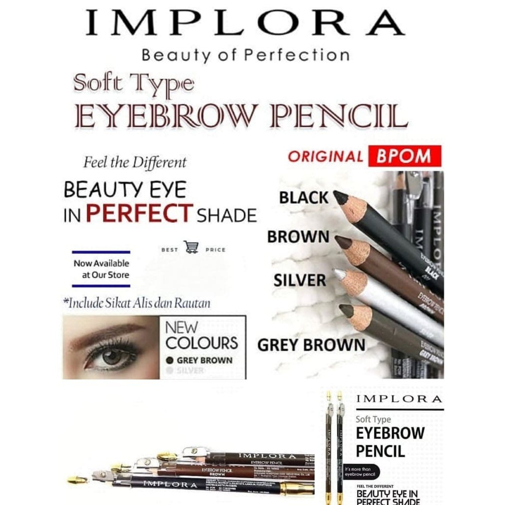 (8 GRAM) Pensil Alis Original / Eyebrow Implora 2 in 1 (Pensil Alis + Sikat + Serutan / Rautan) BPOM