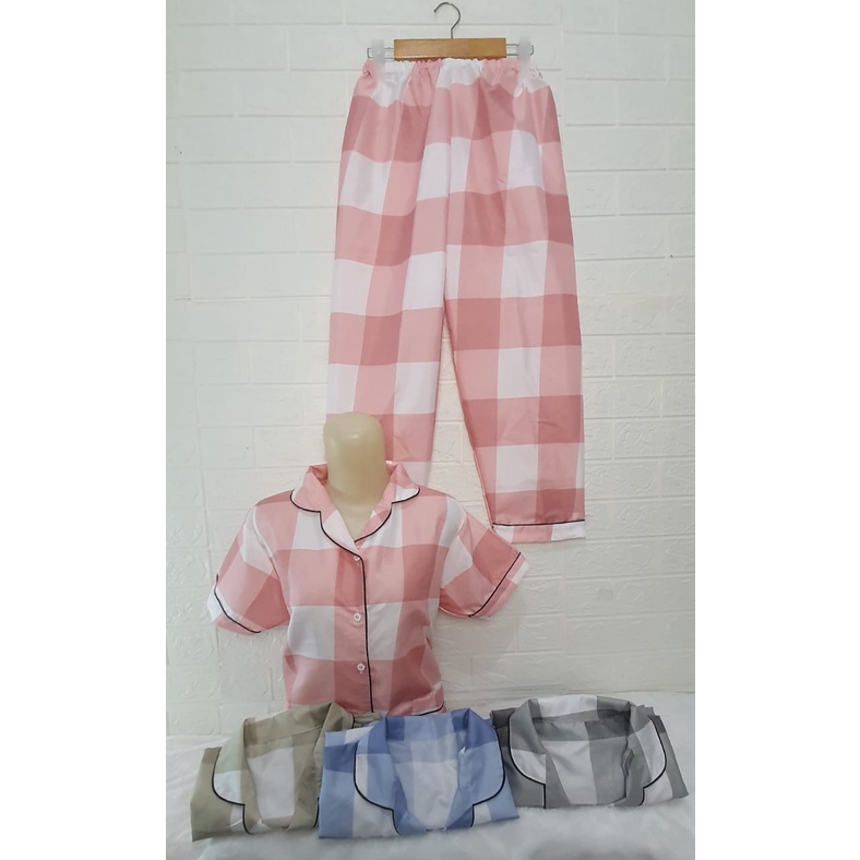 Setelan Lengan Pendek Piyama Baju Tidur Wanita Guilen Kotak Pajamas Cewek Dewasa Kekinian Abg-L NONA Pendek Pink